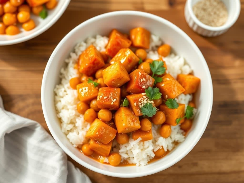 Tofu a la Naranja + Garbanzos Guisados con Tomate, Coco y Comino + Arroz Jazmín