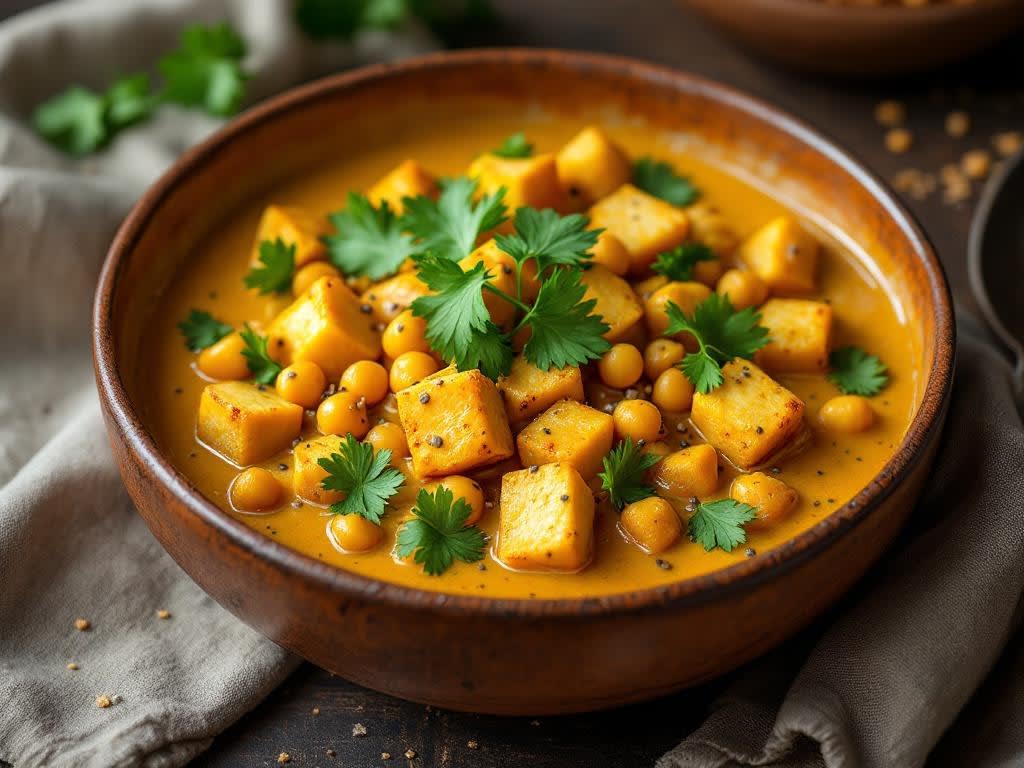 Guiso de Curry de Coco con Garbanzos, Papas y Tofu Crujiente